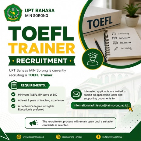 UPT BAHASA IAIN SORONG BUKA PELUANG TOEFL TRAINER PROFESIONAL